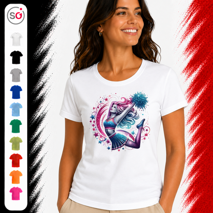 Vorschau – T-Shirt mit dynamischem Cheerleader-Motiv und galaktischen Sternen