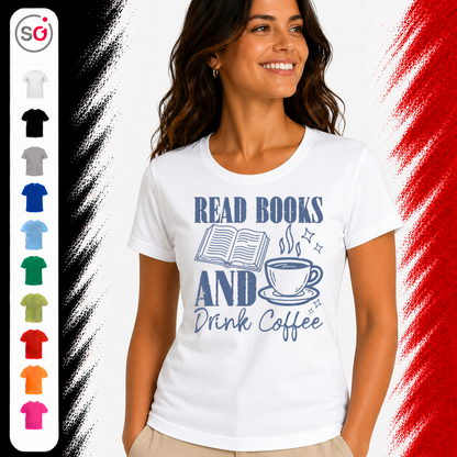 Vorschau – READ BOOKS AND Drink Coffee Shirt – Gemütliches Design für Bücherwürmer & Kaffeeliebhaber