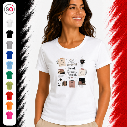 Vorschau – T-Shirt mit 'Read. Dream. Repeat.' Design – Das perfekte Outfit für gemütliche Lesestunden