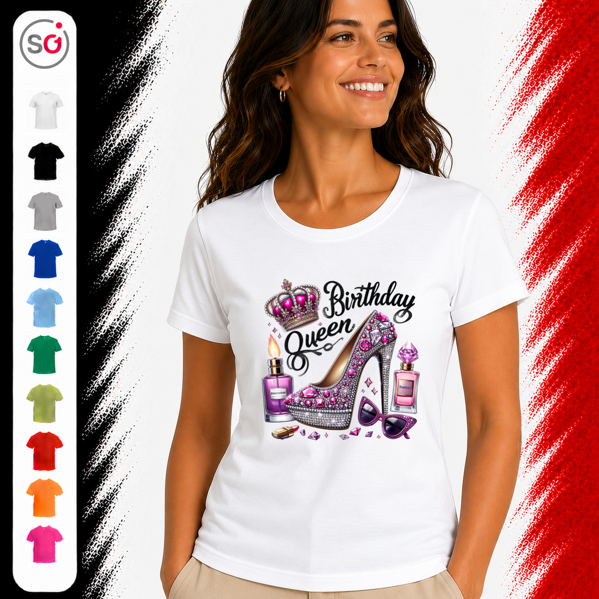 Vorschau – Birthday Queen T-Shirt mit glamourösem Glitzer-High-Heel und Krone