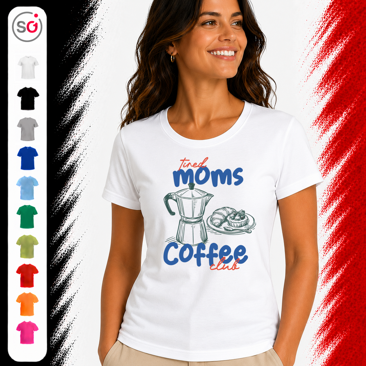 Vorschau – Statement-Shirt "Tired Moms Coffee Club" mit Kaffeekannen-Motiv und Croissant