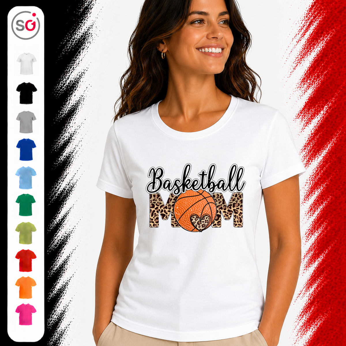 Vorschau – Basketball Mom T-Shirt | Design mit trendigem Leopardenmuster und Herz-Detail