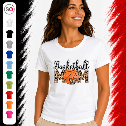 Vorschau – Basketball Mom T-Shirt | Design mit trendigem Leopardenmuster und Herz-Detail