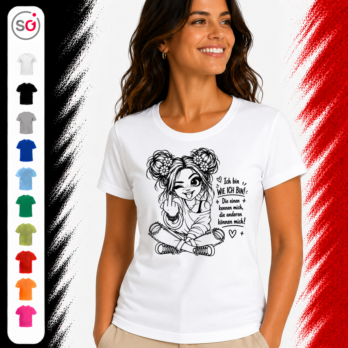 Vorschau – T-Shirt mit frechem Mädchen & Spruch 'Die anderen können mich!' – Statement-Design mit Mittelfinger
