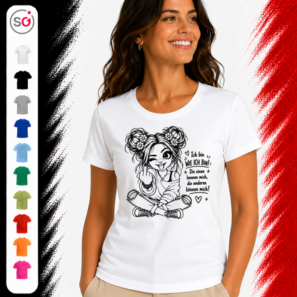 Vorschau – T-Shirt mit frechem Mädchen & Spruch 'Die anderen können mich!' – Statement-Design mit Mittelfinger