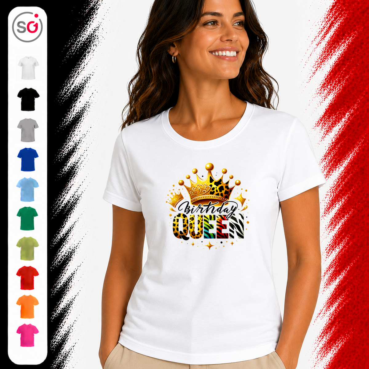 Vorschau – T-Shirt mit 'Birthday Queen' Schriftzug, goldener Krone und buntem Animal-Print Design