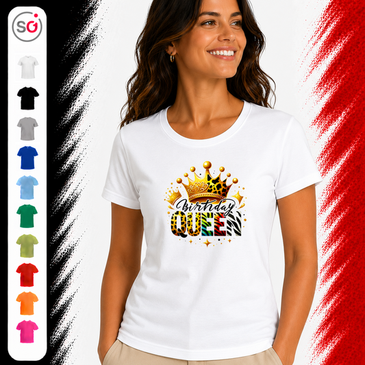 Vorschau – T-Shirt mit 'Birthday Queen' Schriftzug, goldener Krone und buntem Animal-Print Design