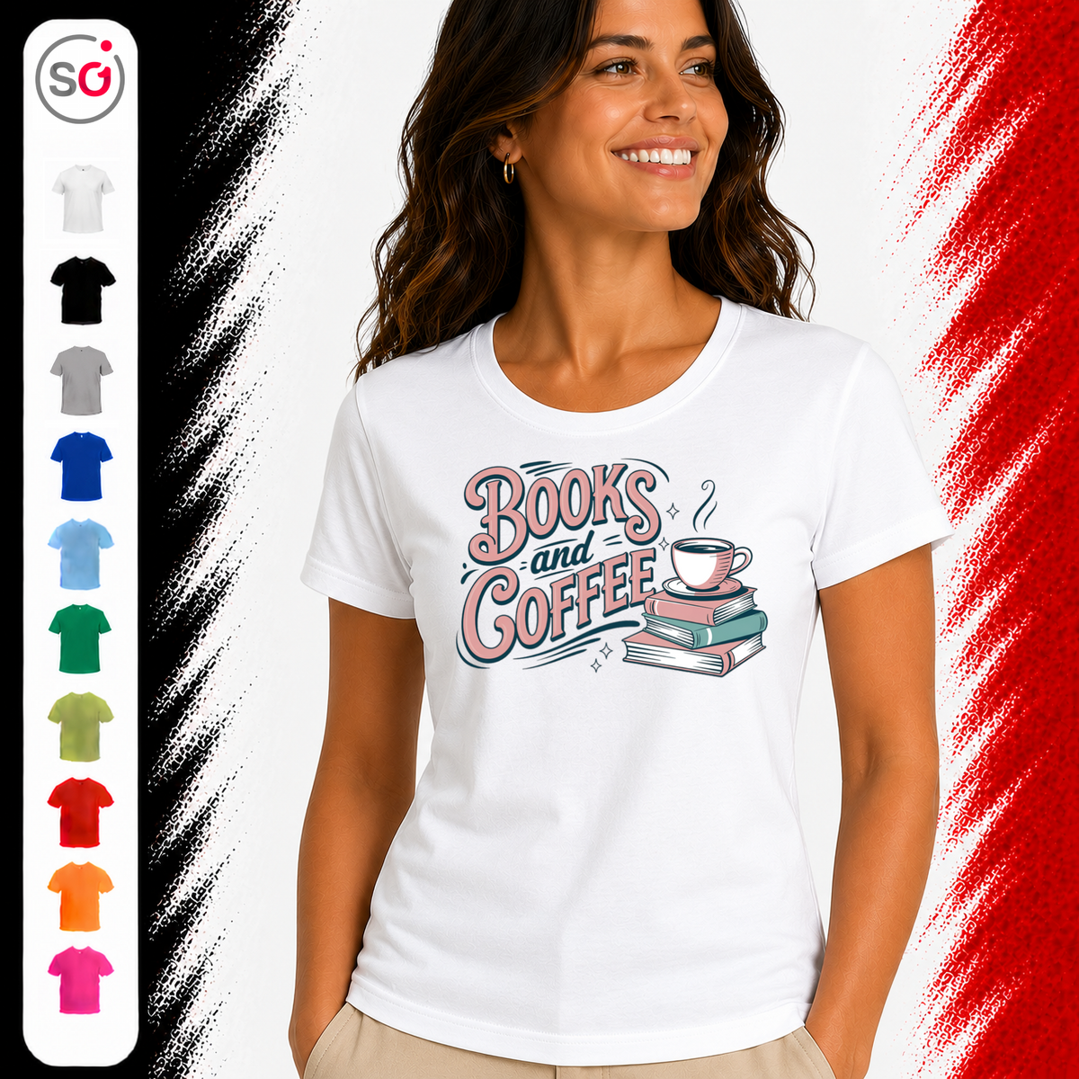 Vorschau – T-Shirt mit 'Books and Coffee' Spruch im Retro-Design | Bücher & Kaffeetasse Motiv
