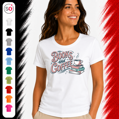 Vorschau – T-Shirt mit 'Books and Coffee' Spruch im Retro-Design | Bücher & Kaffeetasse Motiv