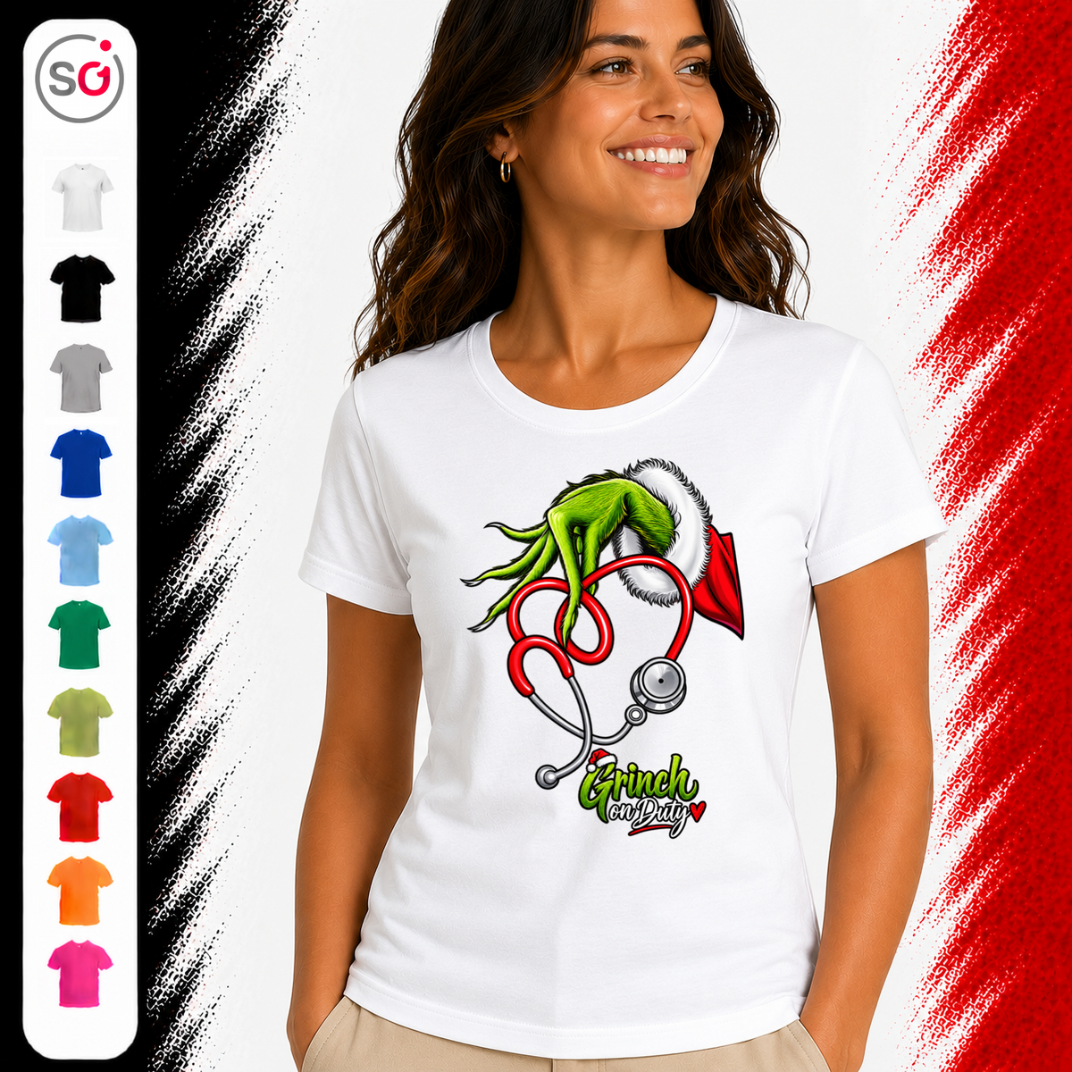 Vorschau – Grinch on Duty T-Shirt mit Stethoskop-Herz | Weihnachtsmotiv für medizinische Berufe
