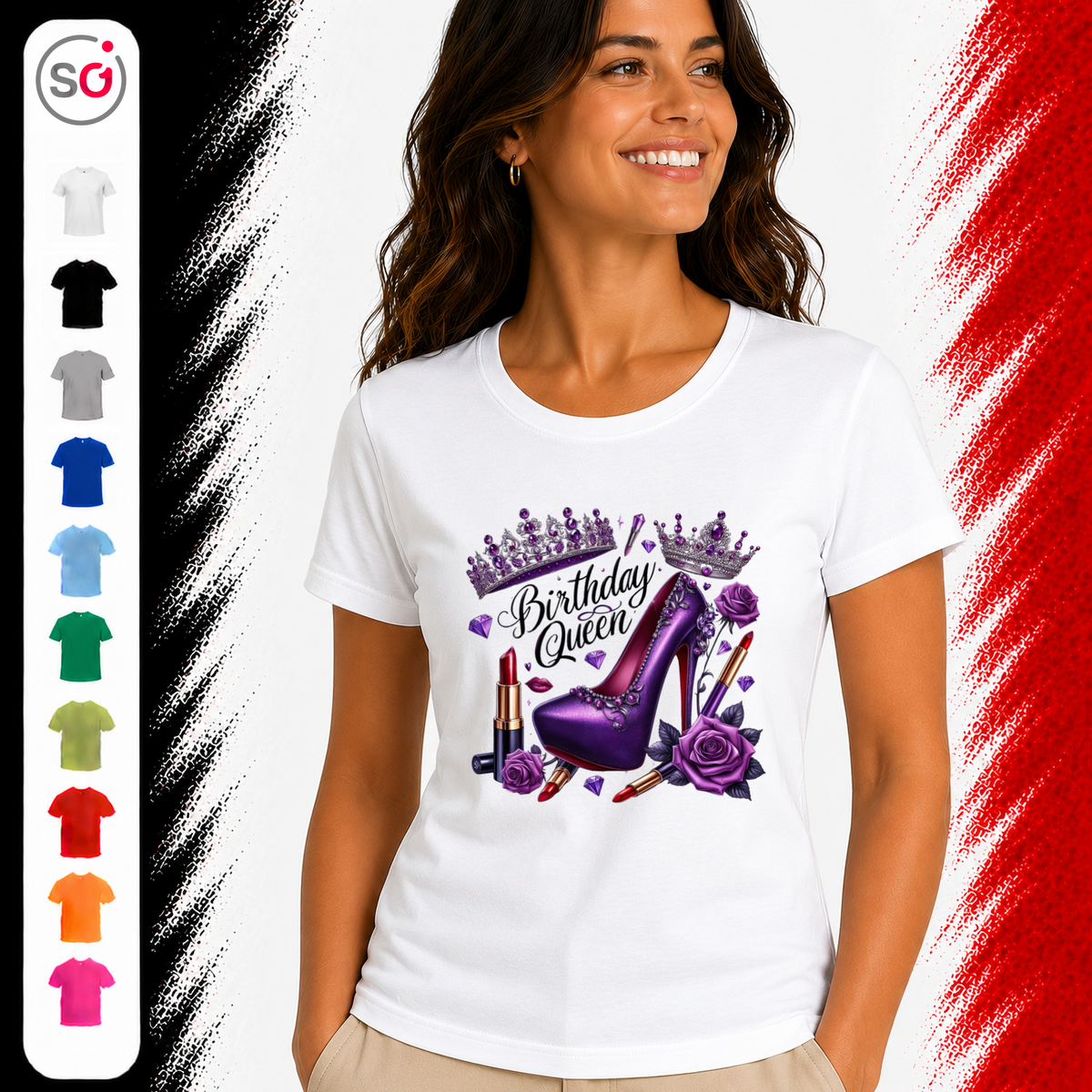 Vorschau – Birthday Queen T-Shirt: Glamour-Design mit lila High Heel, Krone und Rosen