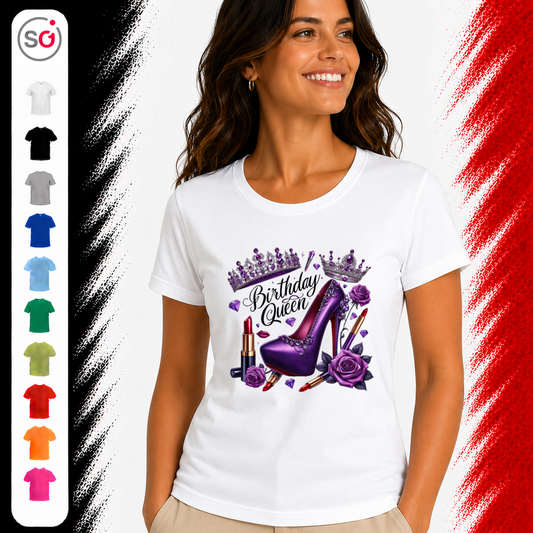 Vorschau – Birthday Queen T-Shirt: Glamour-Design mit lila High Heel, Krone und Rosen
