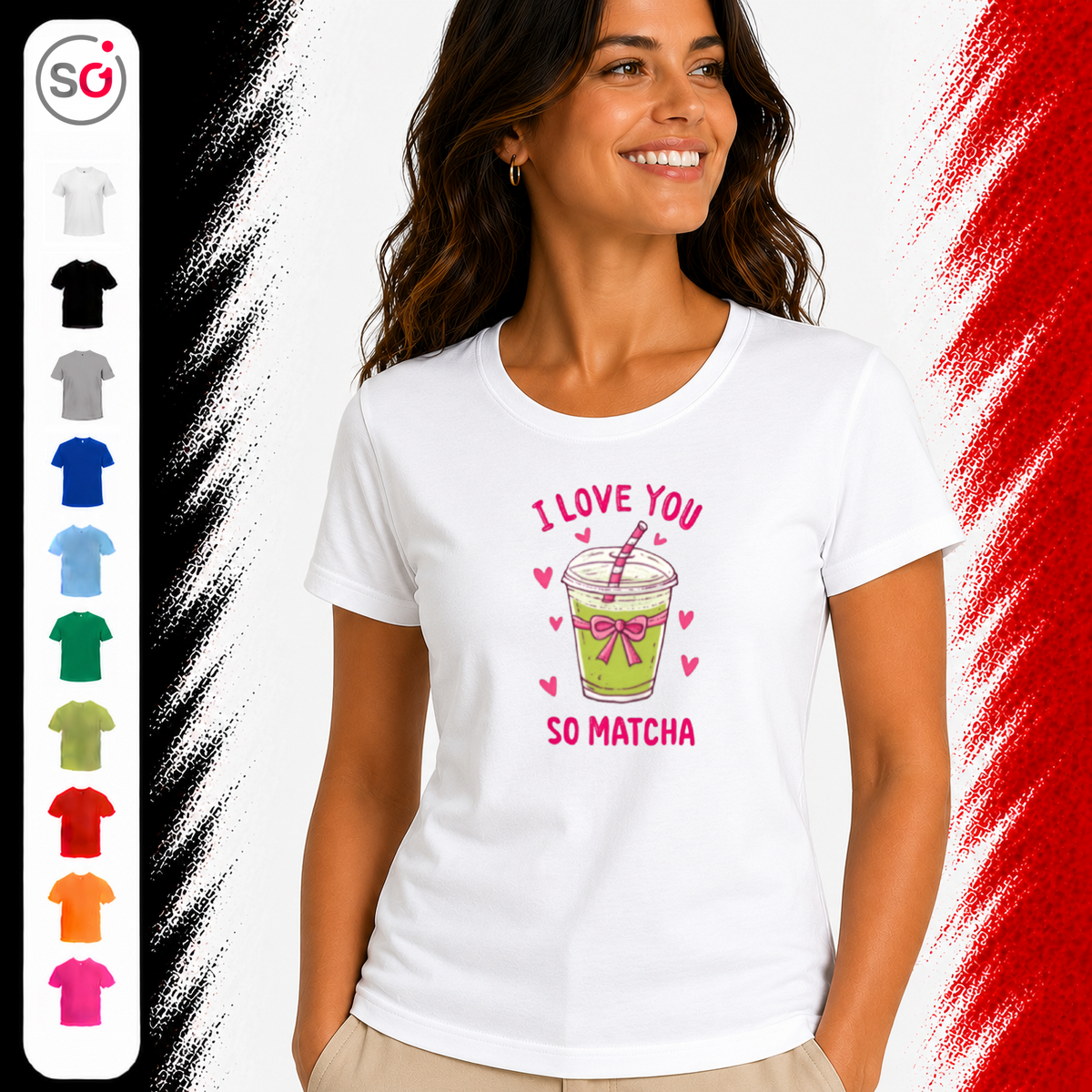 Vorschau – T-Shirt mit „I Love You So Matcha“ Spruch | Süßes Matcha Tee Wortspiel Design mit Herzen