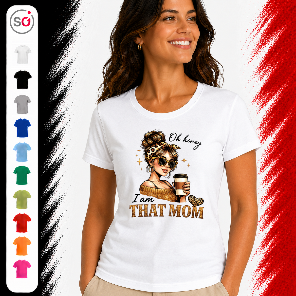 Vorschau – Statement-Shirt 'I am THAT MOM' | Design mit stylischer Mama, Kaffee & Leo-Print