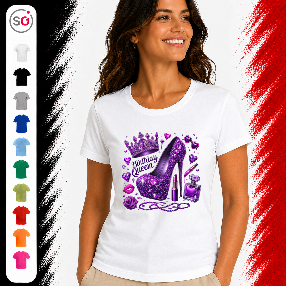 Vorschau – T-Shirt mit glamourösem 'Birthday Queen' High Heel & Krone in Lila Glitzer
