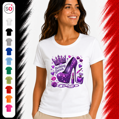 Vorschau – T-Shirt mit glamourösem 'Birthday Queen' High Heel & Krone in Lila Glitzer