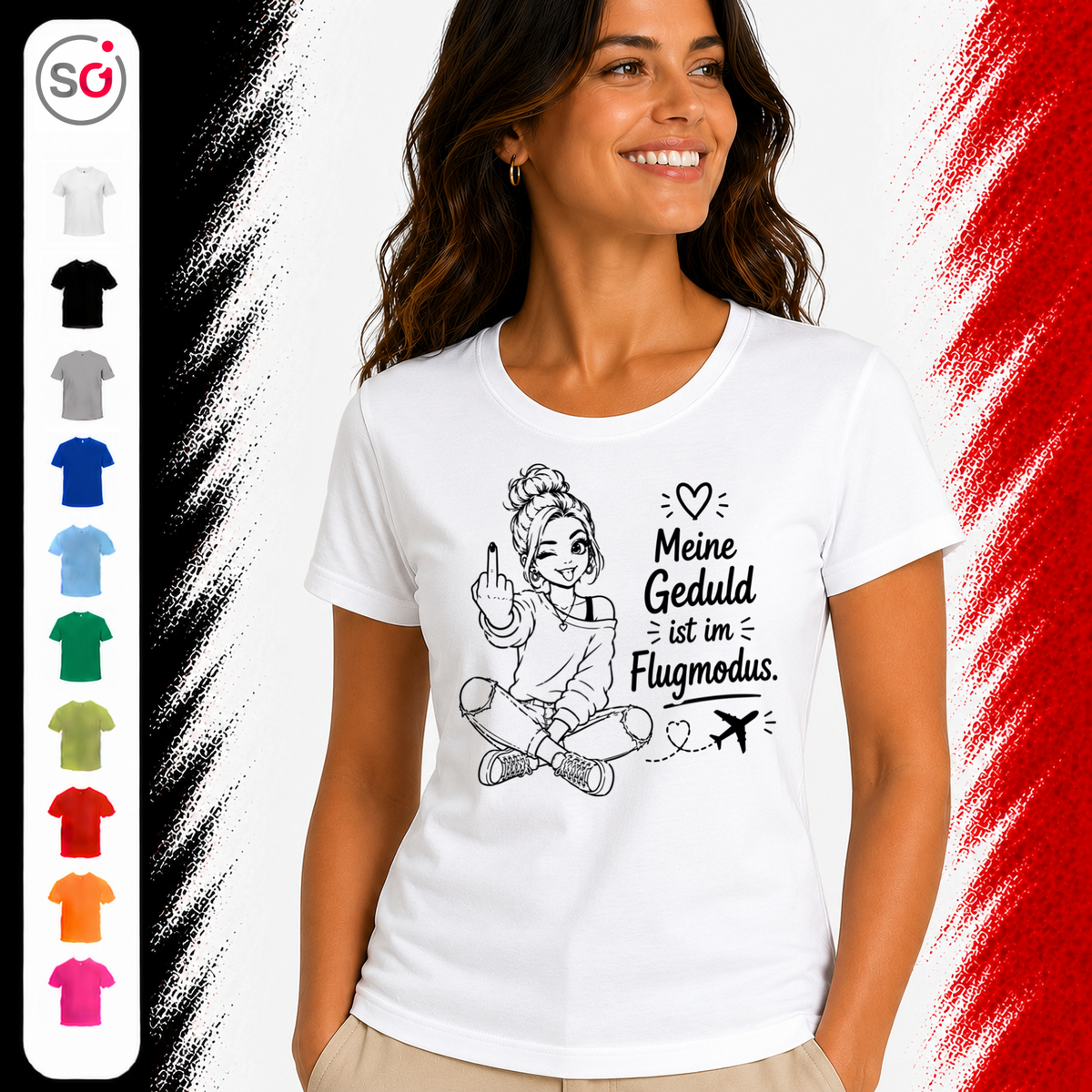 Vorschau – T-Shirt mit Spruch 'Meine Geduld ist im Flugmodus' & frecher Mittelfinger-Illustration