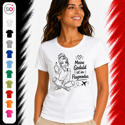 Vorschau – T-Shirt mit Spruch 'Meine Geduld ist im Flugmodus' & frecher Mittelfinger-Illustration