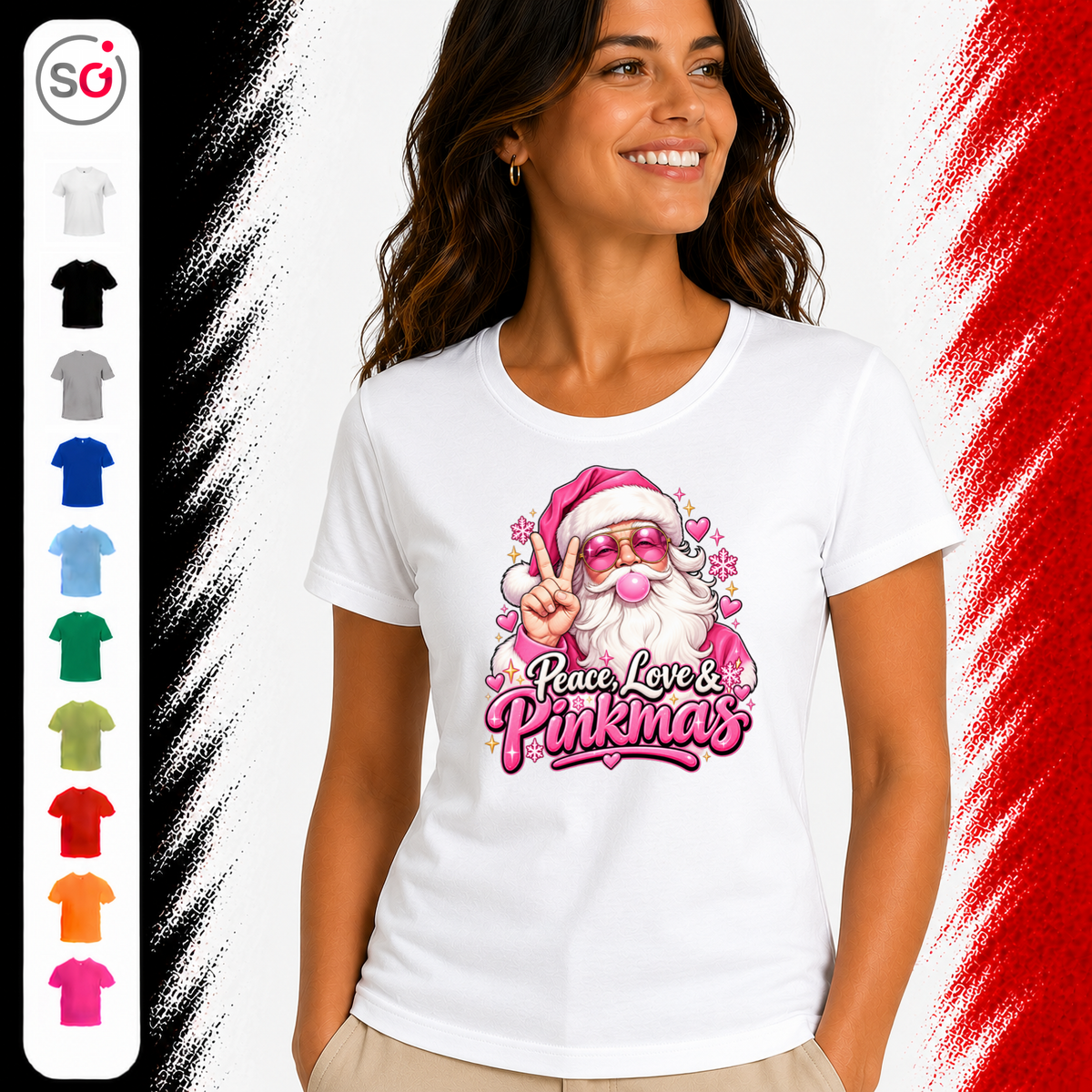 Vorschau – Pinkmas T-Shirt: Cooler Weihnachtsmann mit Peace-Zeichen & rosa Sonnenbrille