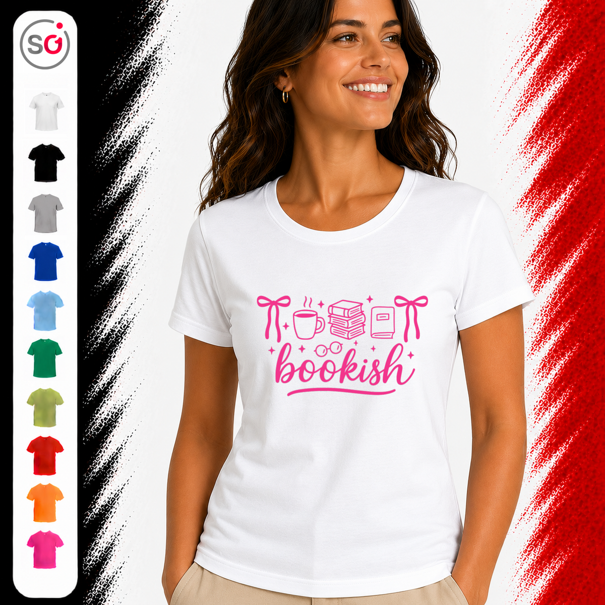 Vorschau – Bookish Vibes T-Shirt: Bücherliebe & Kaffee Motiv in Pink