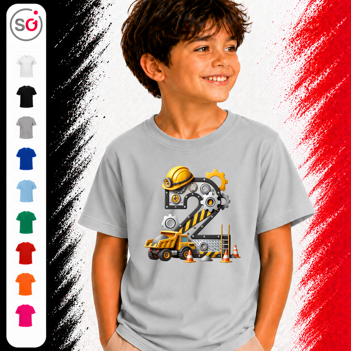 Vorschau – Kinder T-Shirt zum 2. Geburtstag mit Baustellen-Motiv, Bagger & Zahl 2