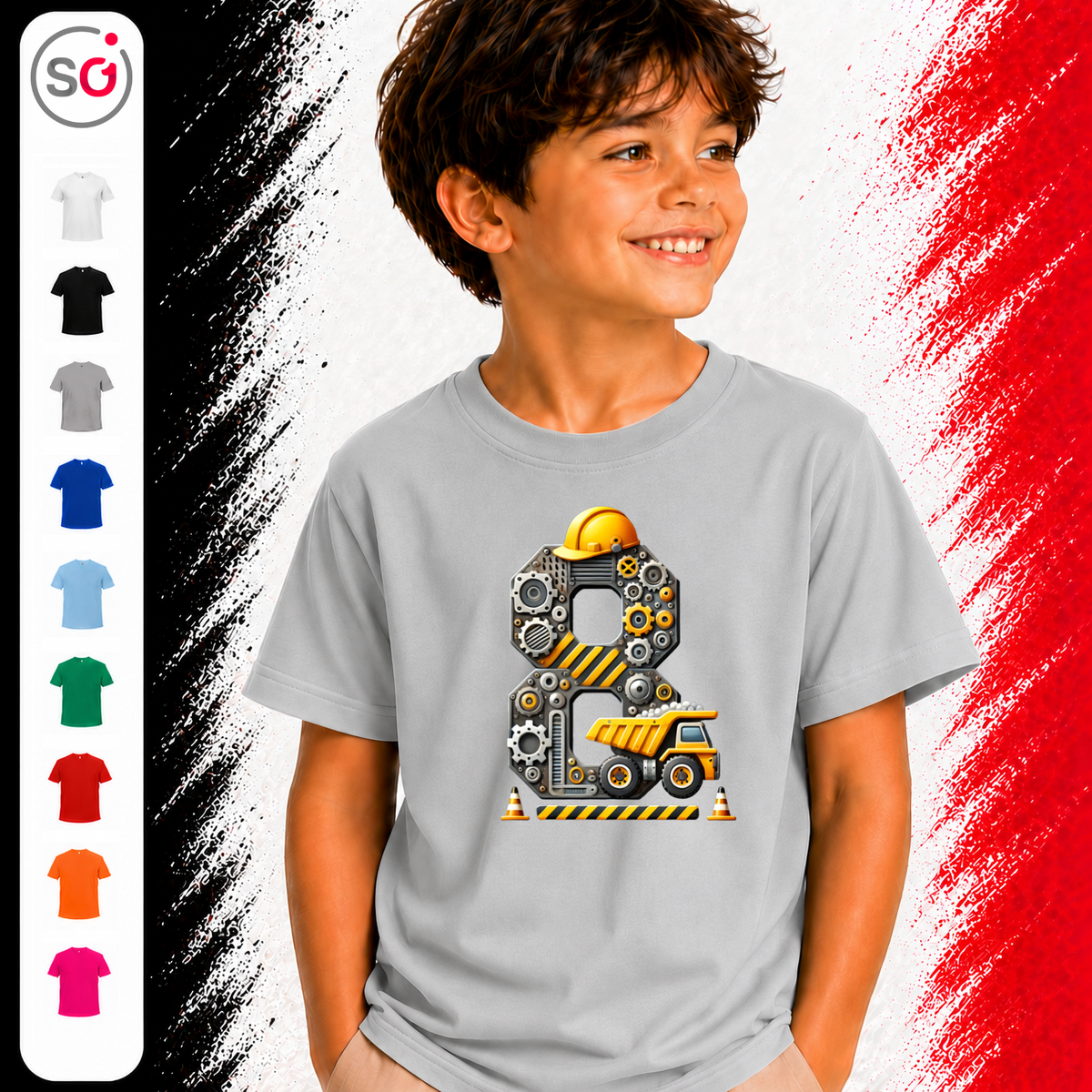 Vorschau – Kinder T-Shirt 8. Geburtstag | Baustellen-Design mit Kipplaster und großer Zahl Acht