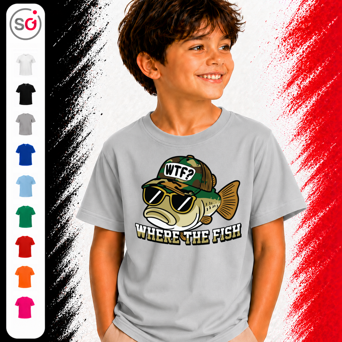Vorschau – Kinder T-Shirt mit coolem Fisch-Motiv und Angler-Spruch 'WTF - Where The Fish'
