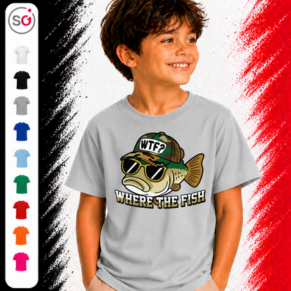 Vorschau – Kinder T-Shirt mit coolem Fisch-Motiv und Angler-Spruch 'WTF - Where The Fish'