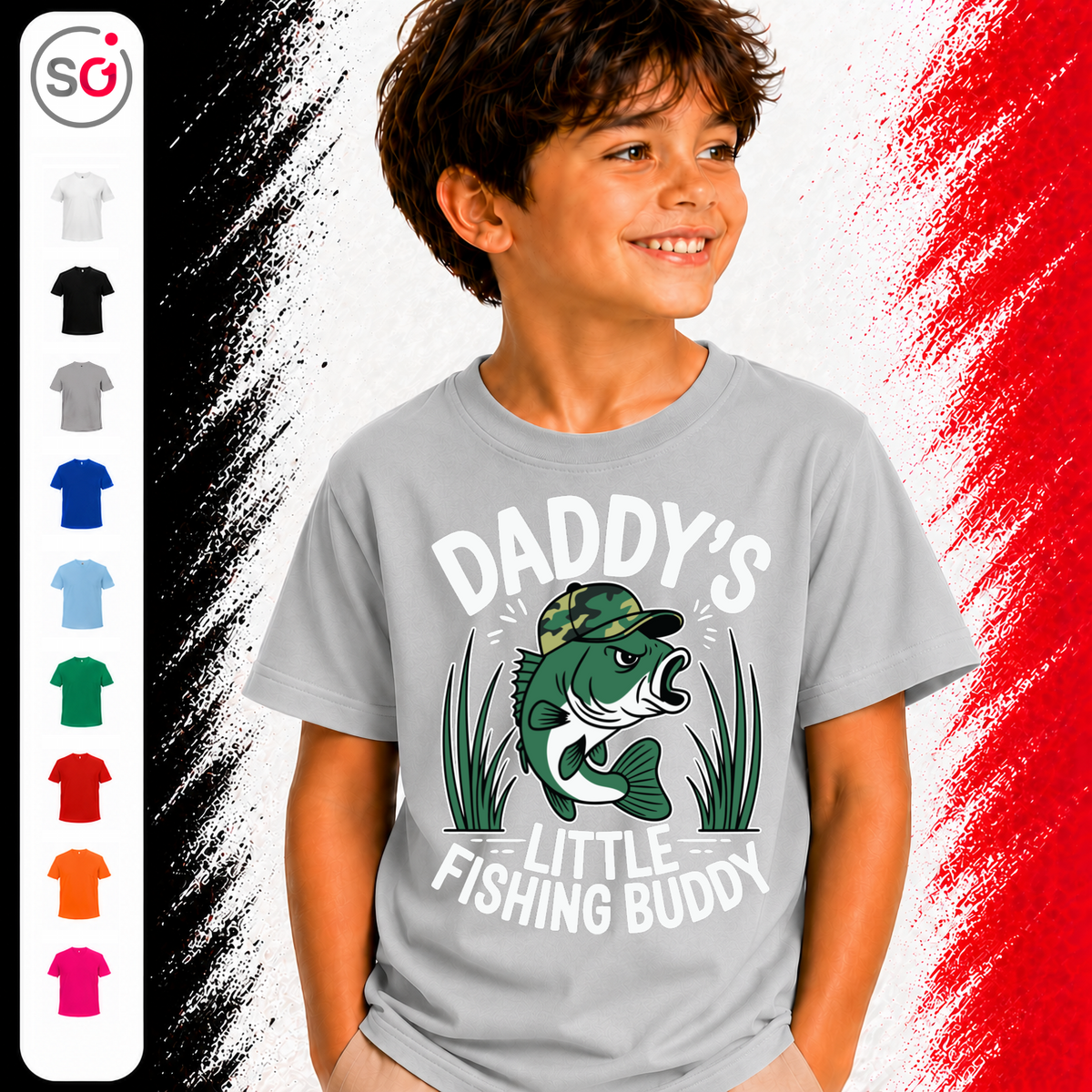Vorschau – Kinder T-Shirt 'Daddy's Little Fishing Buddy' mit coolem Angler-Fisch Motiv