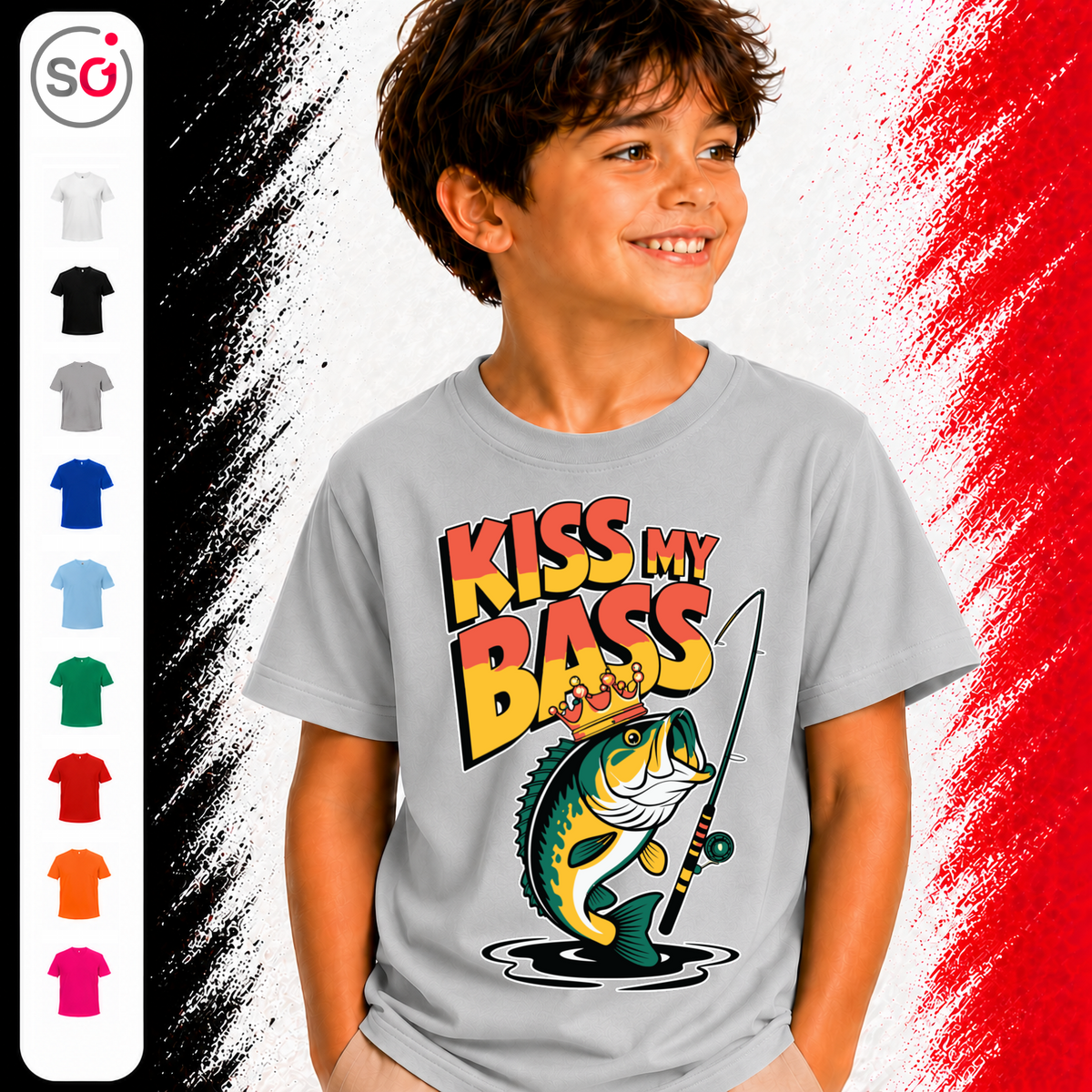 Vorschau – Kinder T-Shirt 'Kiss My Bass' | Lustiges Angel-Barsch Motiv mit Krone