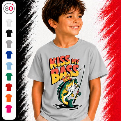 Vorschau – Kinder T-Shirt 'Kiss My Bass' | Lustiges Angel-Barsch Motiv mit Krone