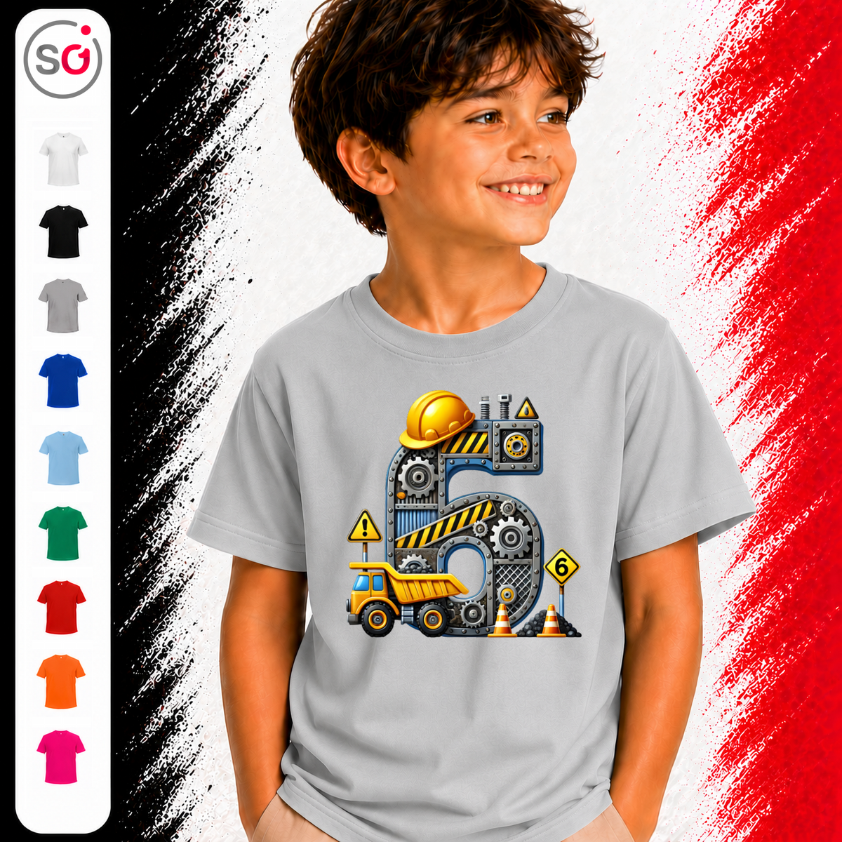 Vorschau – Kinder T-Shirt zum 5. Geburtstag mit coolem Baustellen-Motiv, Bagger und großer Zahl Fünf