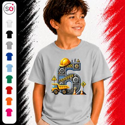 Vorschau – Kinder T-Shirt zum 5. Geburtstag mit coolem Baustellen-Motiv, Bagger und großer Zahl Fünf