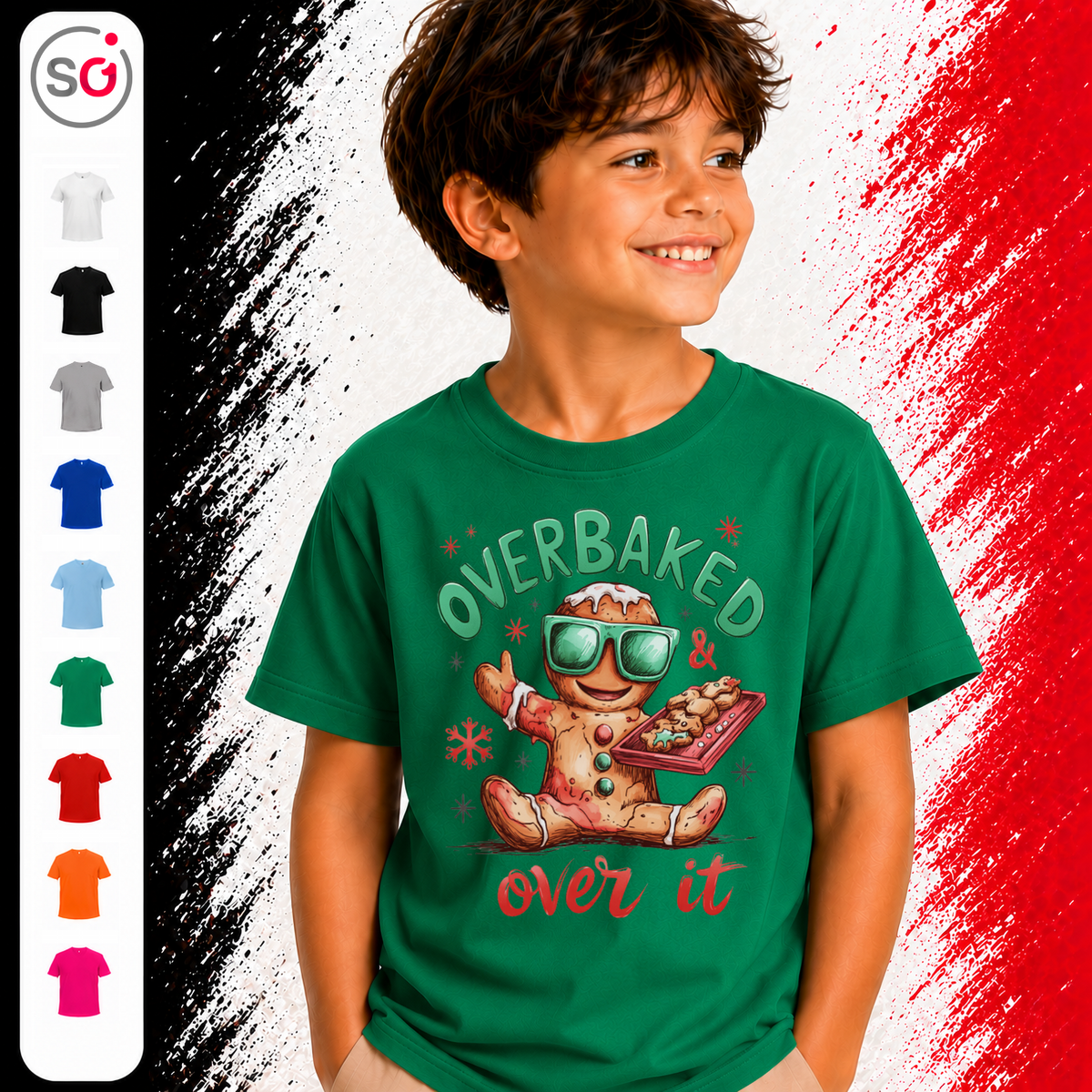 Vorschau – Kinder T-Shirt mit coolem Lebkuchenmann | "Overbaked & over it" Weihnachts-Spruch