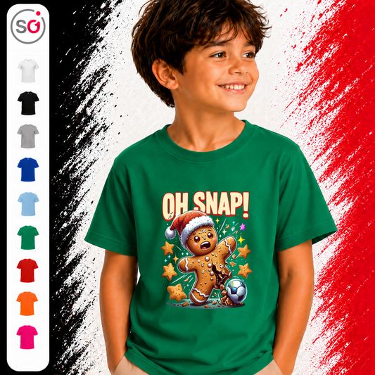 Vorschau – Kinder T-Shirt 'Oh Snap!' mit Lebkuchenmann beim Fußball – Lustiges Weihnachts-Design