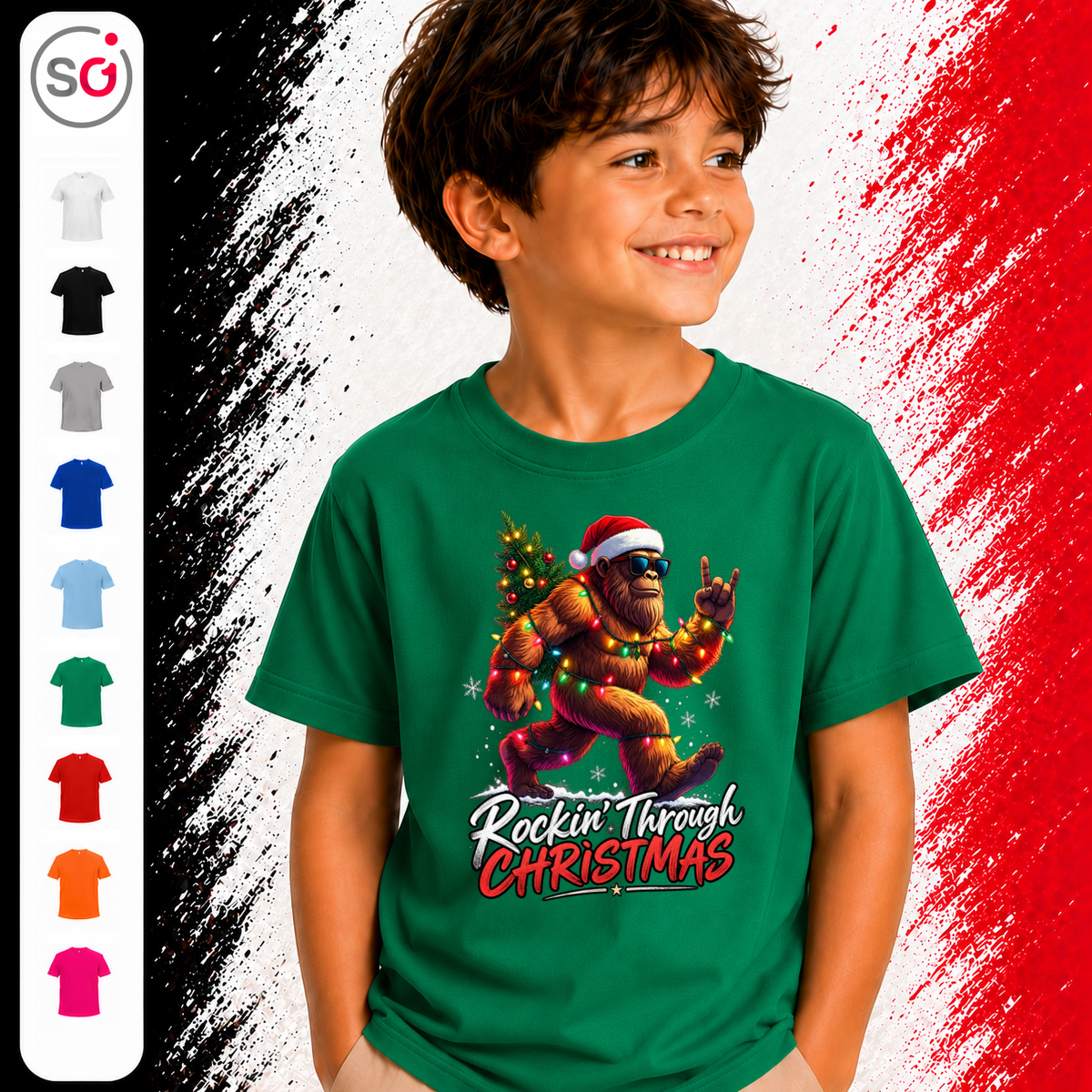 Vorschau – Kinder T-Shirt mit coolem Bigfoot Motiv: Rockin' Through Christmas