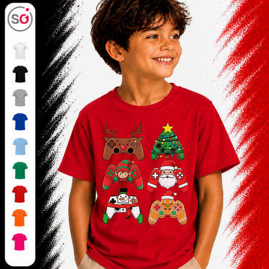 Vorschau – Kinder T-Shirt: Festliche Gaming Controller mit Weihnachtsfiguren – Spielspaß für kleine Gamer