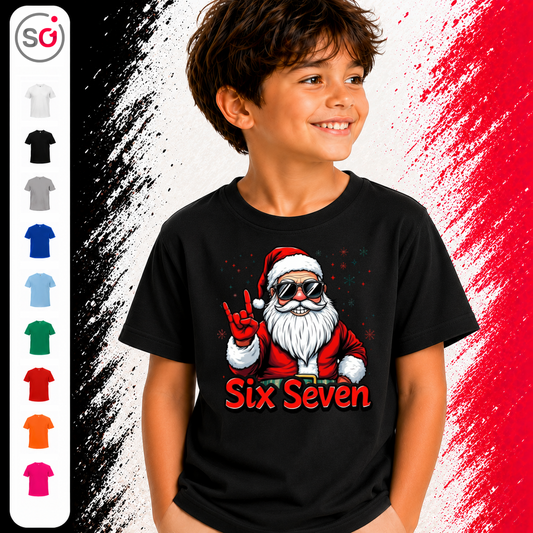 Vorschau – Kinder T-Shirt mit coolem Rockstar Weihnachtsmann und Spruch „Six Seven“