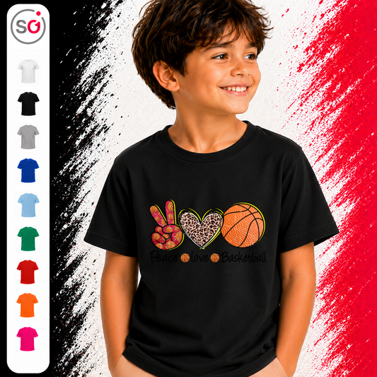Vorschau – Kinder T-Shirt | Peace Love Basketball | Design mit Leoparden-Herz & Peace-Zeichen