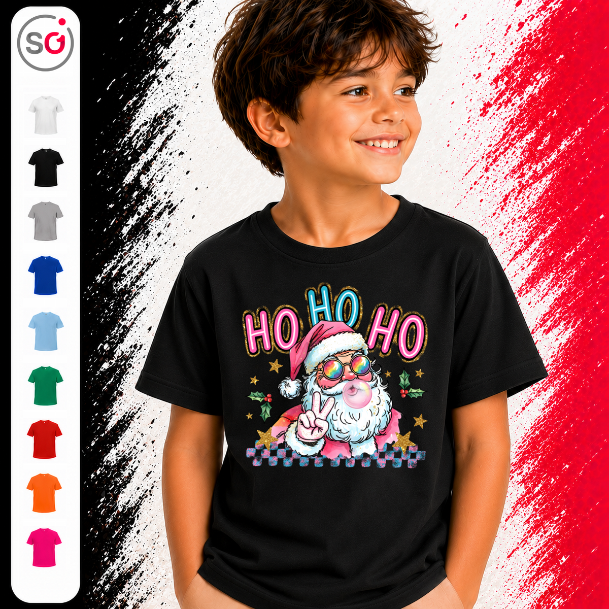 Vorschau – Cooler Weihnachtsmann Kinder T-Shirt mit Sonnenbrille & Kaugummi | HO HO HO Design