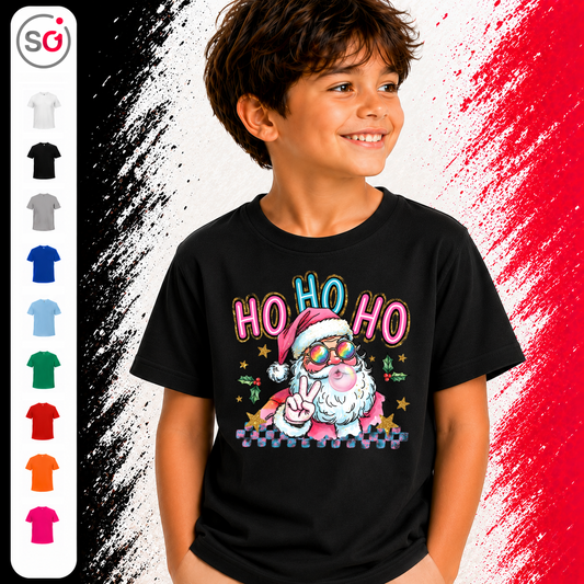 Vorschau – Cooler Weihnachtsmann Kinder T-Shirt mit Sonnenbrille & Kaugummi | HO HO HO Design