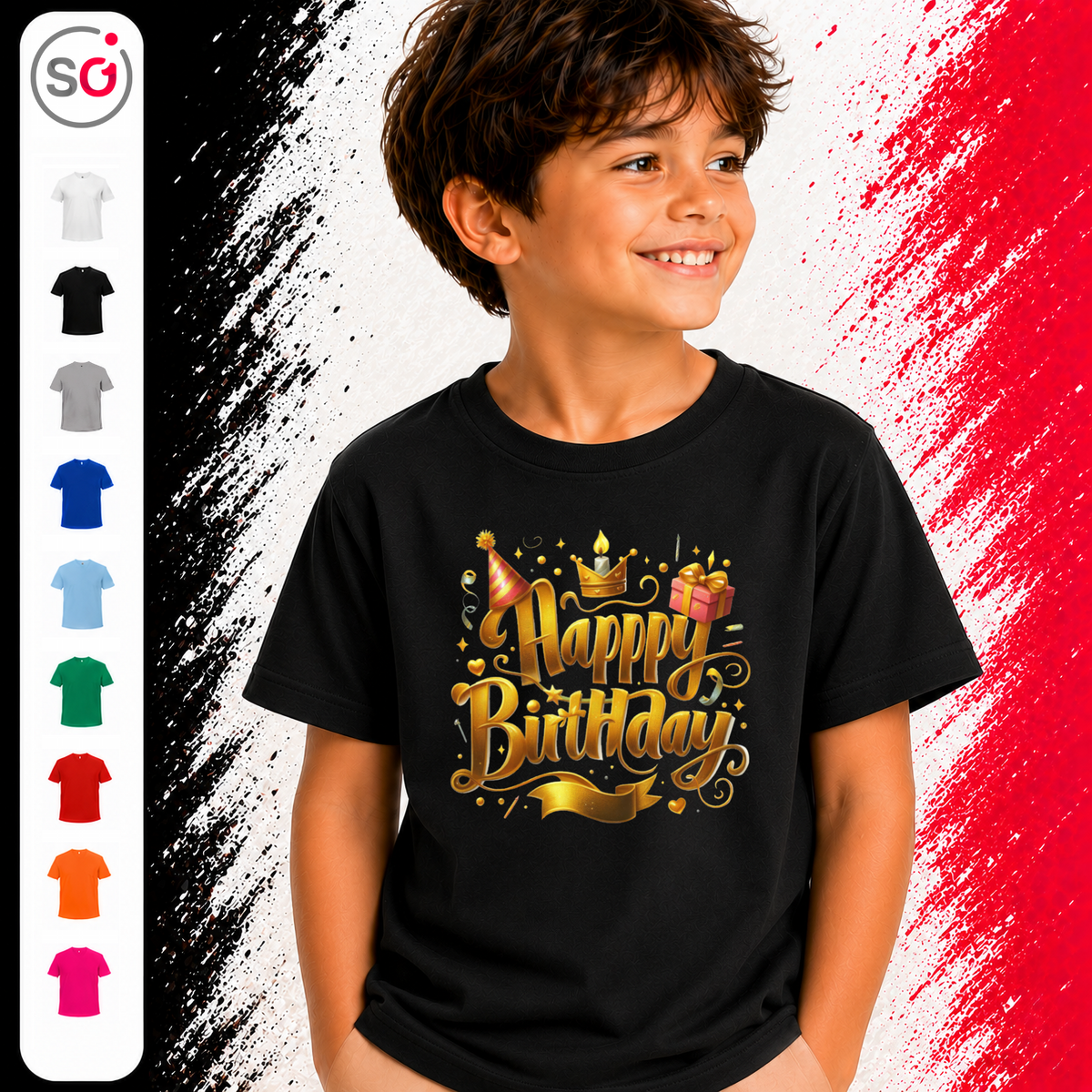 Vorschau – Kinder T-Shirt Happy Birthday – Goldener 3D Schriftzug mit Krone, Partyhut & Geschenk Motiv