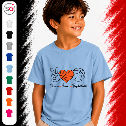 Vorschau – Kinder T-Shirt mit Peace, Love & Basketball Motiv | Sportliches Design für junge Ballkünstler