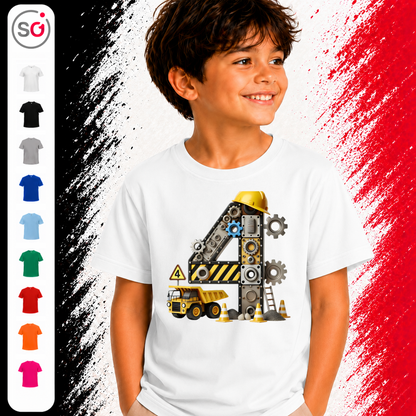 Vorschau – Kinder T-Shirt 4. Geburtstag | Zahl 4 als Baustelle mit Kran & Bagger