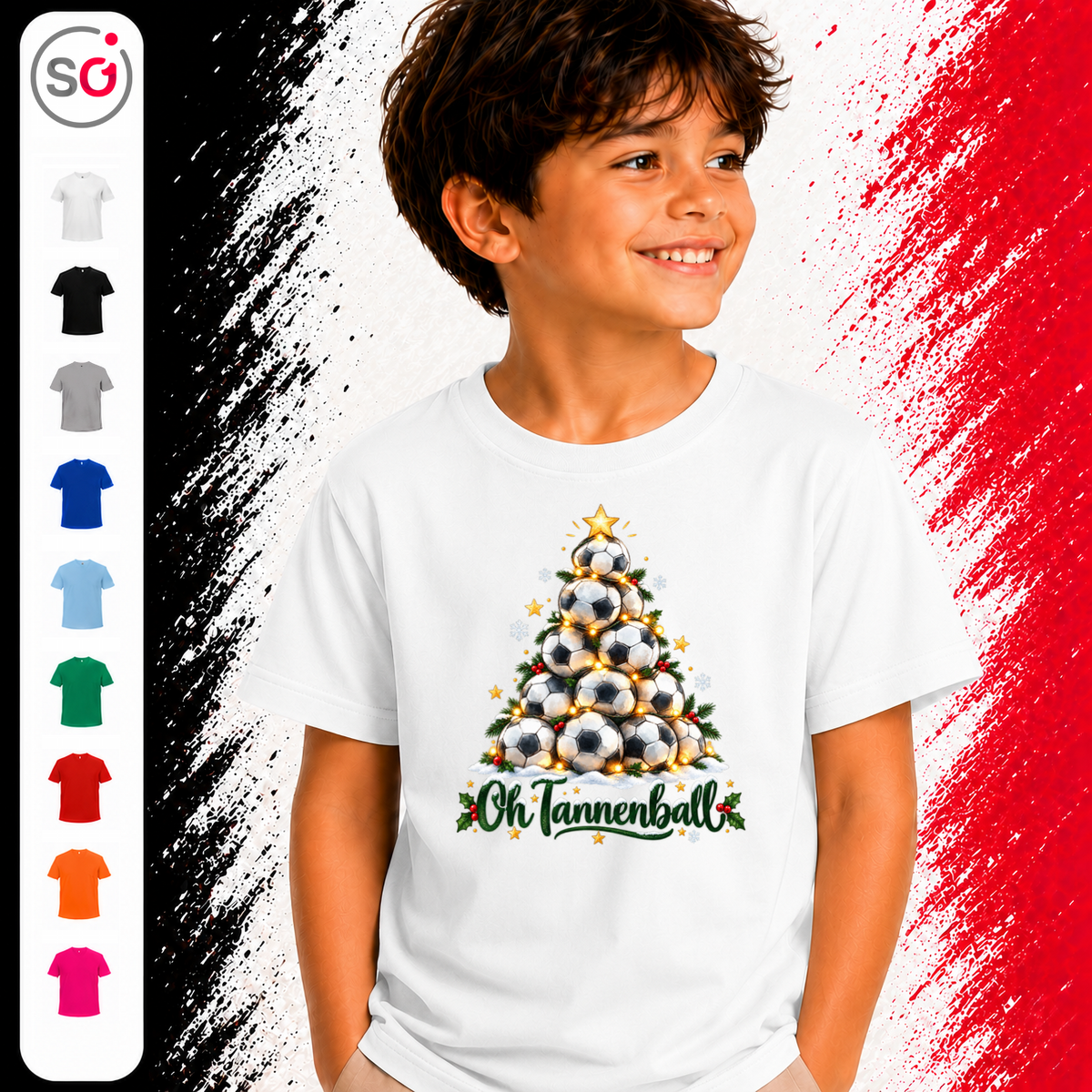 Vorschau – Kinder T-Shirt 'Oh Tannenball' mit Fußball-Weihnachtsbaum-Motiv