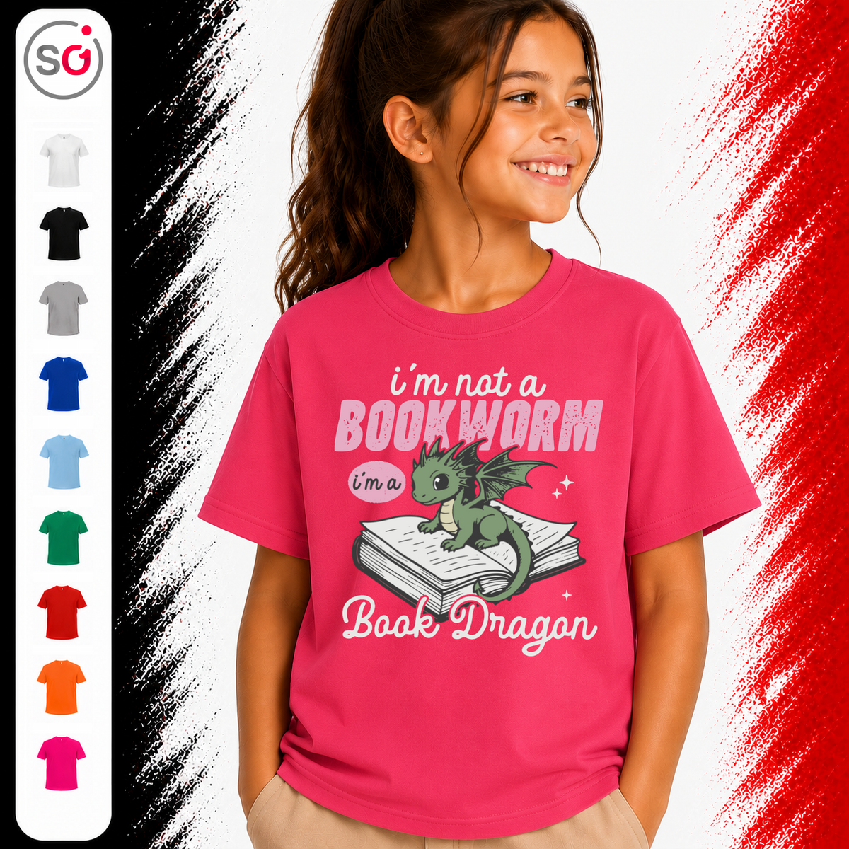 Vorschau – Kinder T-Shirt: 'I'm not a Bookworm, I'm a Book Dragon' – Süßer Lesedrachen Motiv