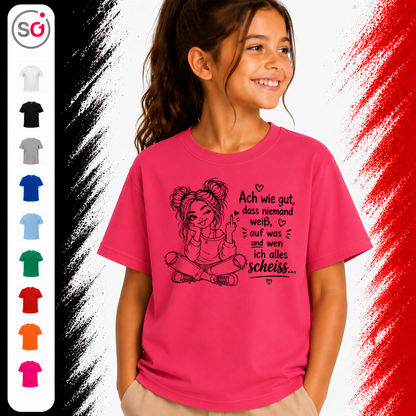 Vorschau – Kinder T-Shirt mit frechem Mädchen-Motiv | Spruch 'Ach wie gut, dass niemand weiß...'