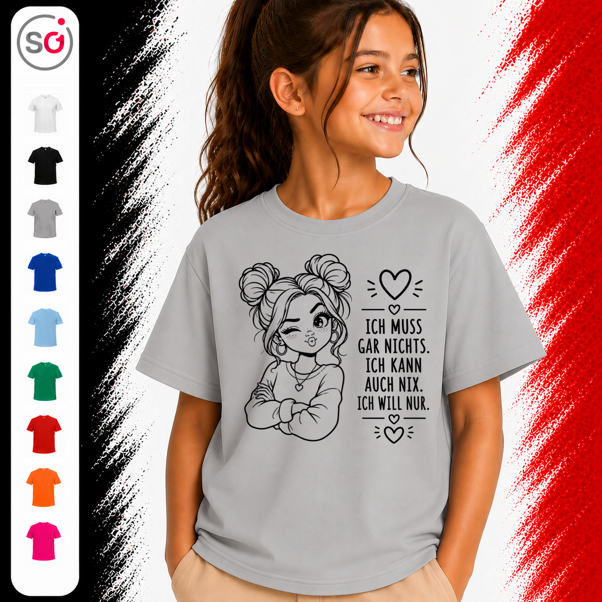 Vorschau – Kinder T-Shirt "Ich muss gar nichts" | Süßes Mädchen mit Zöpfen & frechem Spruch