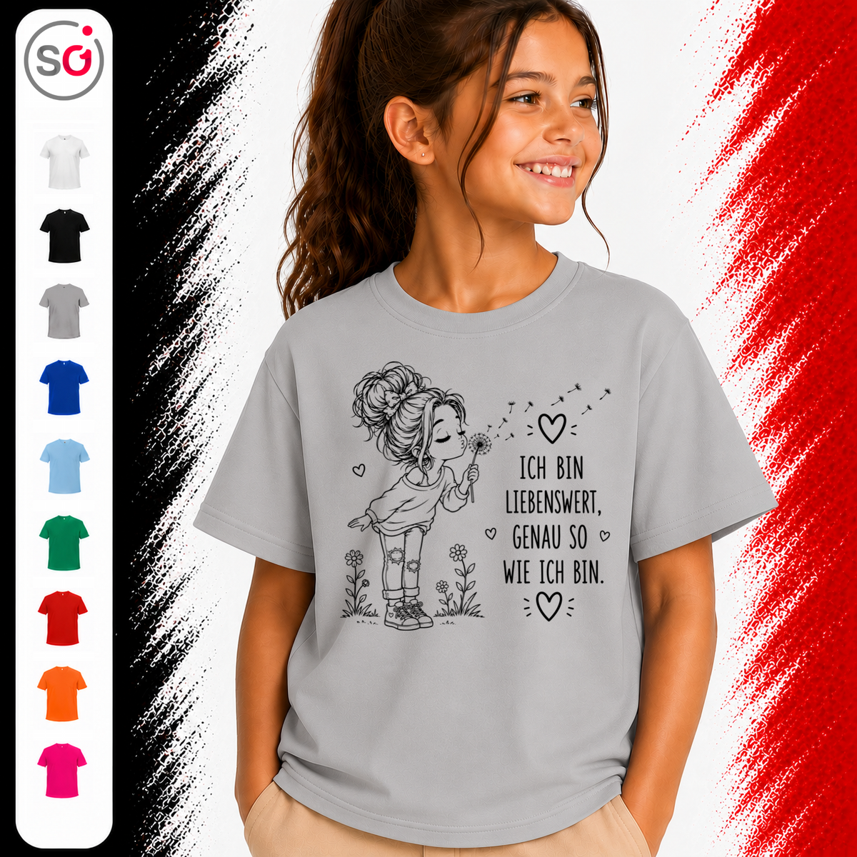 Vorschau – Kinder T-Shirt mit Spruch "Ich bin liebenswert" | Süßes Pusteblumen-Mädchen Design