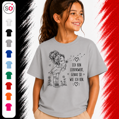 Vorschau – Kinder T-Shirt mit Spruch "Ich bin liebenswert" | Süßes Pusteblumen-Mädchen Design